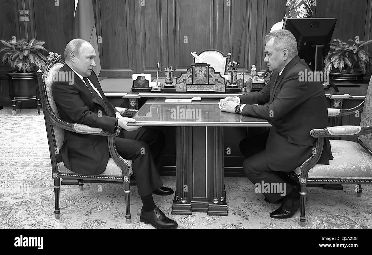 Russian President Vladimir Putin meeting with Russian Defense Minister Sergei Shoigu 21 April 2022 in The Kremlin, Moscow Russia. PHOTO: Kremlin Photo Pool Stock Photo