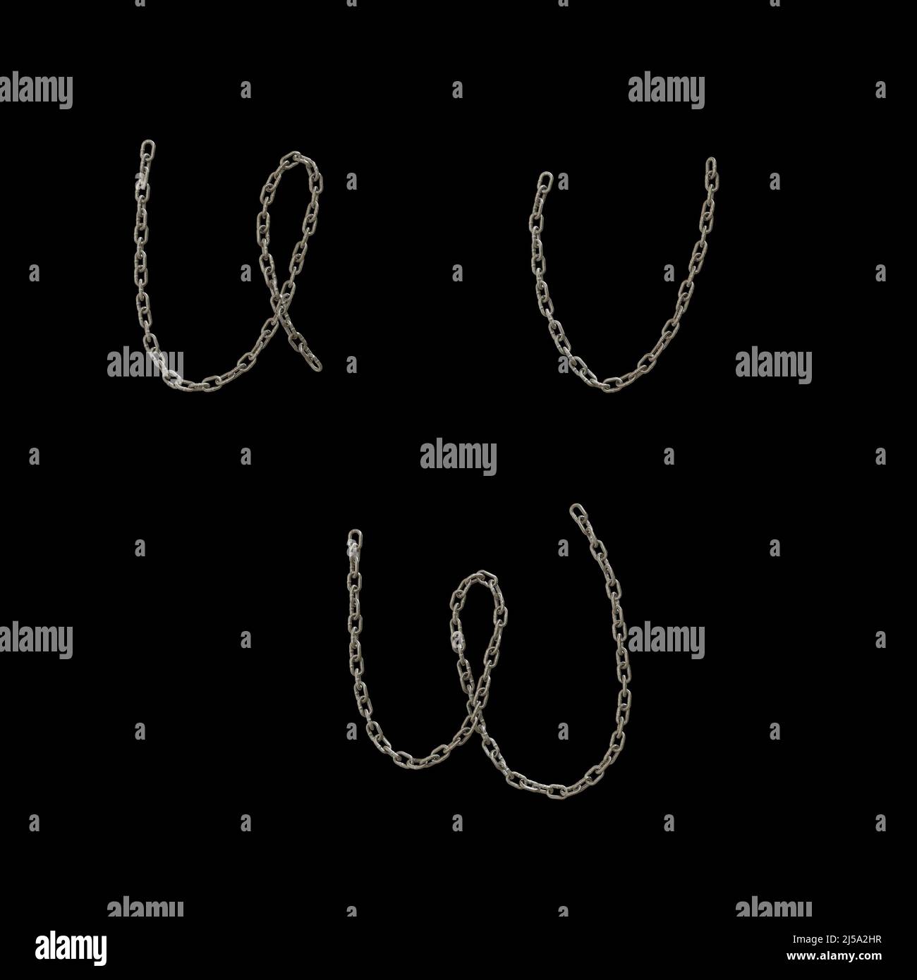 3d rendering of metal chain capital letter alphabet - letters U-W Stock Photo