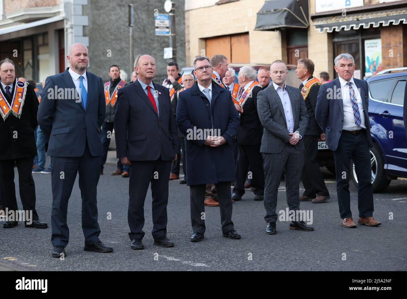 (Left to right) Trevor Clarke of the TUV, TUV leader Jim Allister, DUP leader Sir Jeffrey Donaldson, Loyalist blogger Jamie Bryson and DUP Thomas Buchanan, before a rally in opposition to the Northern Ireland Protocol, organised by West Tyrone United Unionists, in Castlederg, Co Tyrone. Picture date: Thursday April 21, 2022. Stock Photo