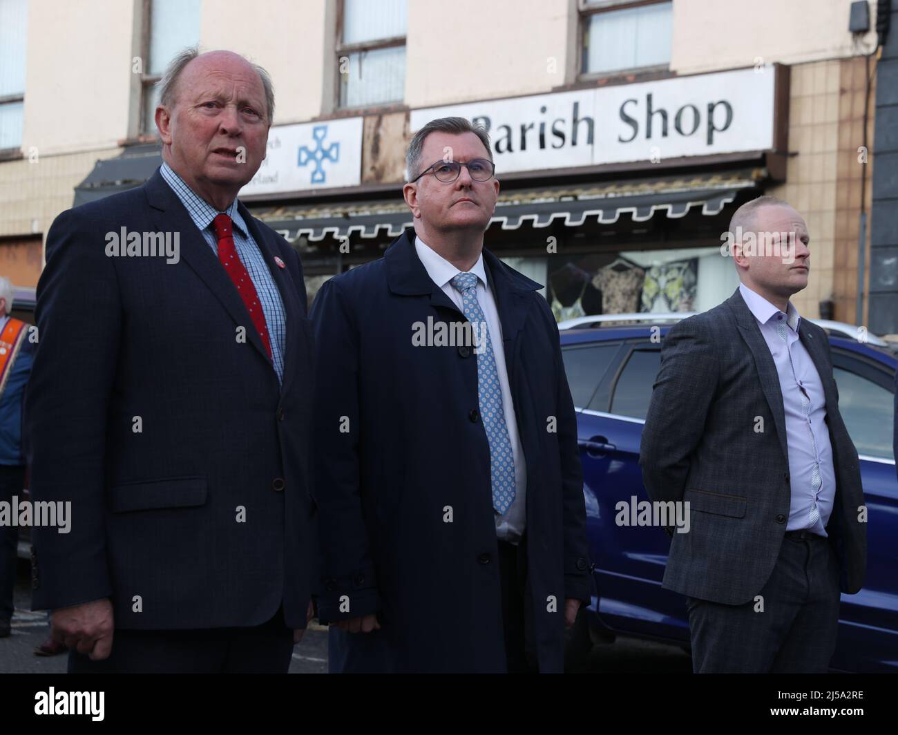 (Left to right) TUV leader Jim Allister, DUP leader Sir Jeffrey Donaldson and Loyalist blogger Jamie Bryson before a rally in opposition to the Northern Ireland Protocol, organised by West Tyrone United Unionists, in Castlederg, Co Tyrone. Picture date: Thursday April 21, 2022. Stock Photo