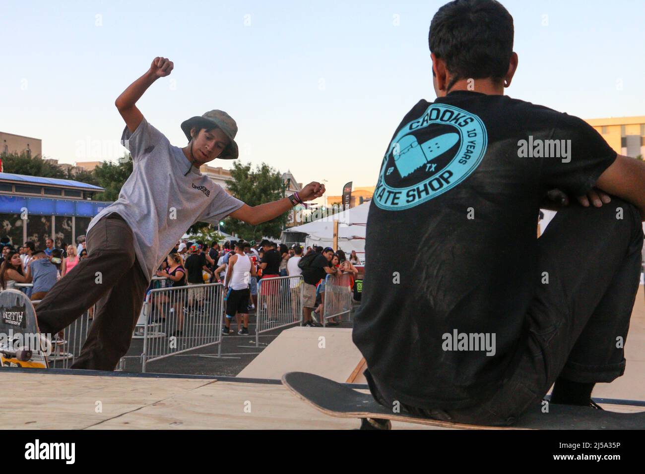 Skateboarders at a skate park in El Paso, Texas. Stock Photo