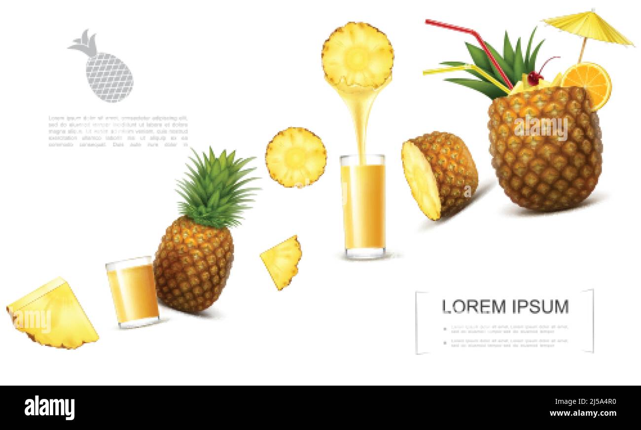 Realistic fresh pineapple template with tropical fruit pieces glasses ...