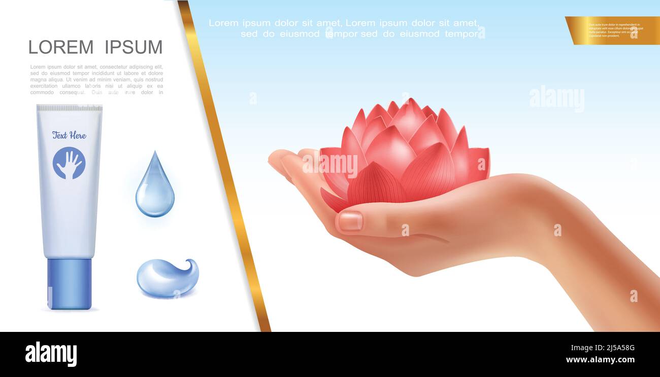 Realistic skincare concept with female hand holding lotus flower water drops and cosmetic tube of cream vector illustration Stock Vector