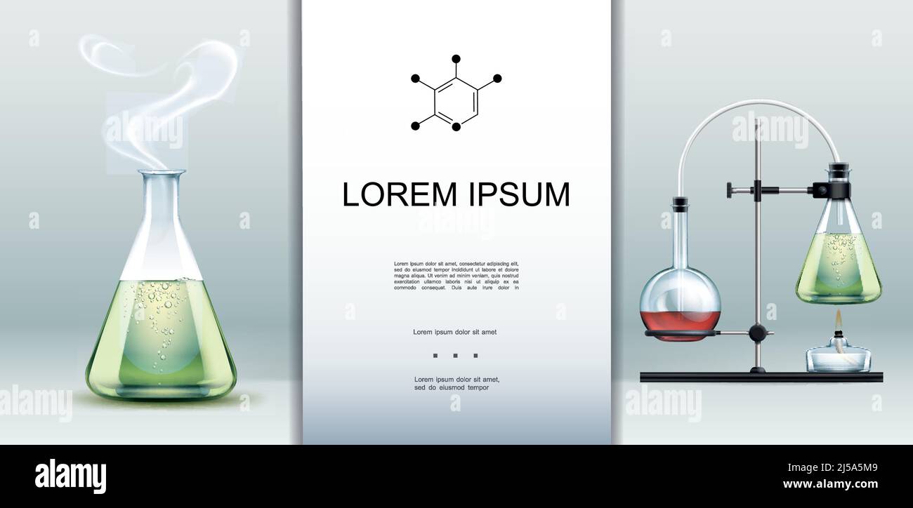 Realistic lab equipment template with laboratory glassware full of ...
