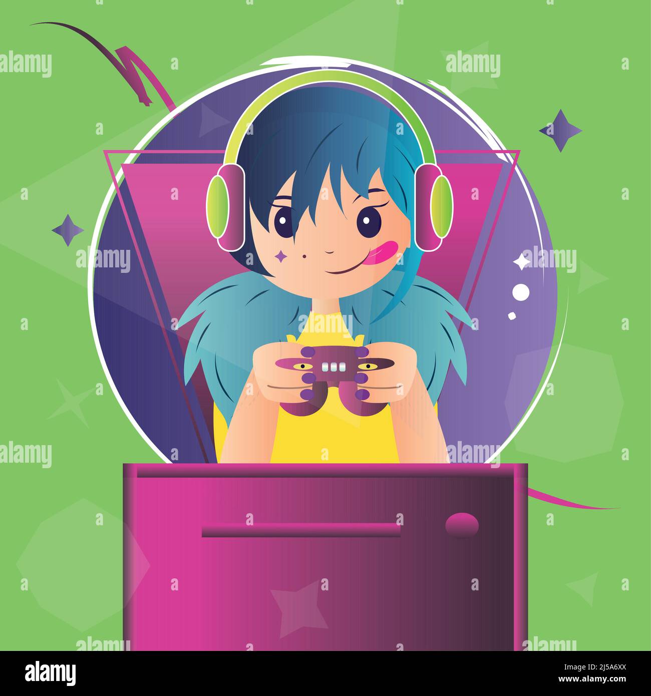 Retro girl cartoon with headphones and joystick Videogames Vector Stock Vector