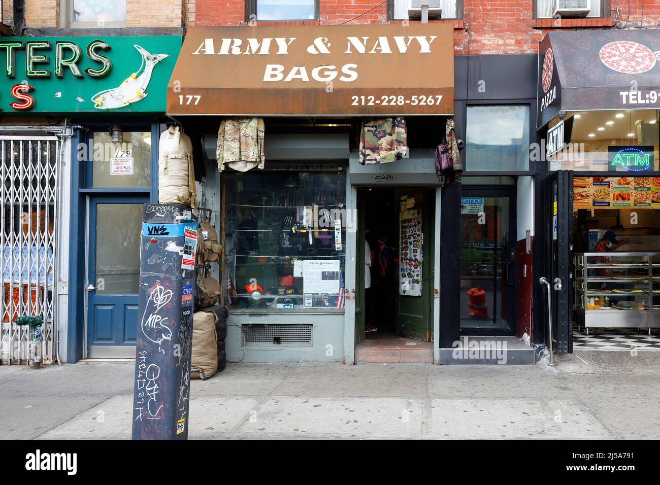 Army & Navy Bags, 177 E Houston St, New York, NY. exterior storefront of a clothing and surplus store in the Lower East Side in Manhattan. Stock Photo