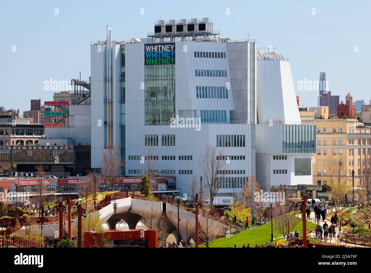 Whitney Museum of American Art, 99 Gansevoort St, New York, NY. A contemporary art museum with Little Island pier 55 park in the foreground. Stock Photo