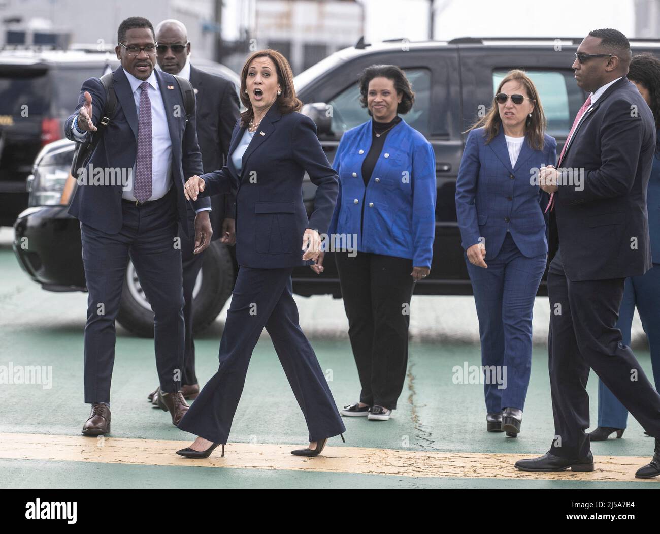 Vice President Kamala Harris arrives in San Francisco on Thursday, April 21, 2022. Harris is visiting the University of California San Francisco Medical center and the EMBRACE program of prenatal and postnatal care for black women. Photo by Terry Schmitt/Pool/ABACAPRESS.COM Stock Photo