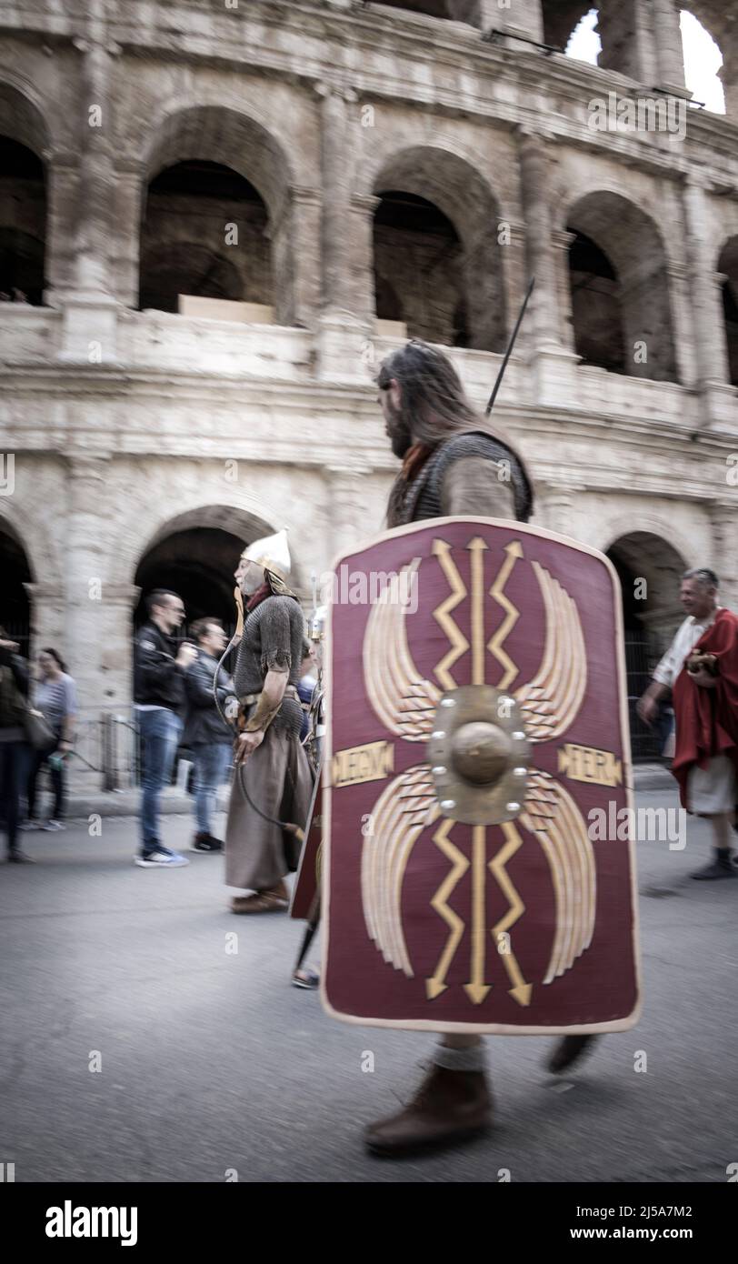 Roman soldiers in a historical reenactment in april. People performing a Roman legion Imperial Forums, Colosseum, Circus Maximus Stock Photo