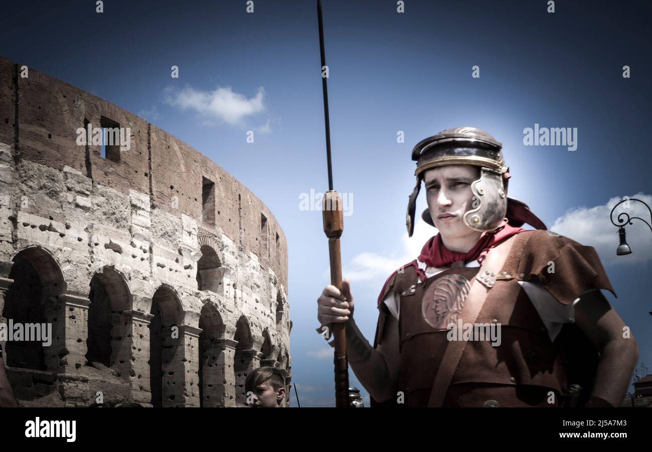 Rome's birthday celebrate by hystorical procession the anniversary of the founding of Rome in 753 BC April 21 Imperial Forums Colosseum Circus Maximus Stock Photo