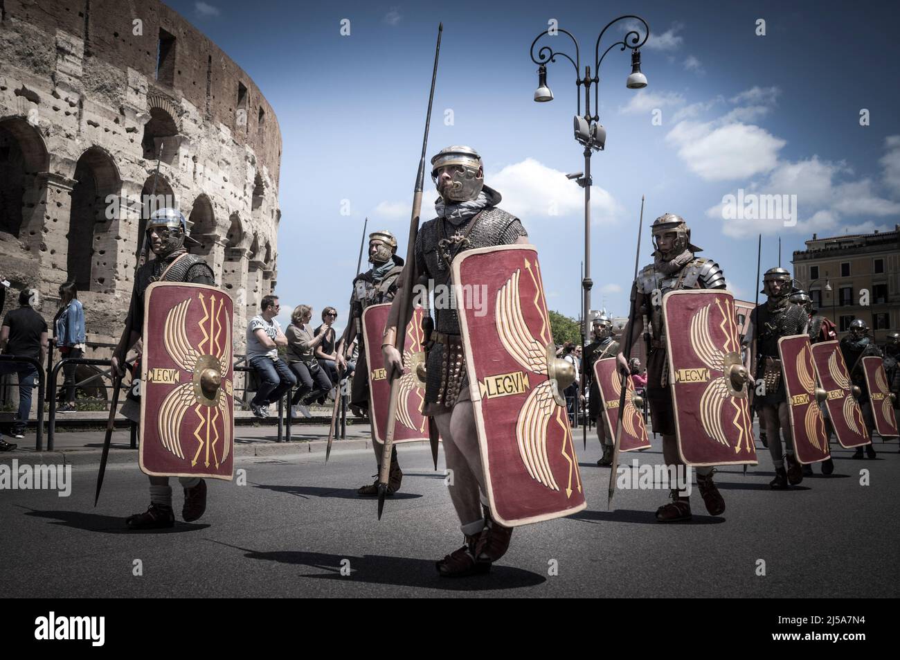 Roman soldiers in a historical reenactment in april. People performing a Roman legion Imperial Forums, Colosseum, Circus Maximus Stock Photo