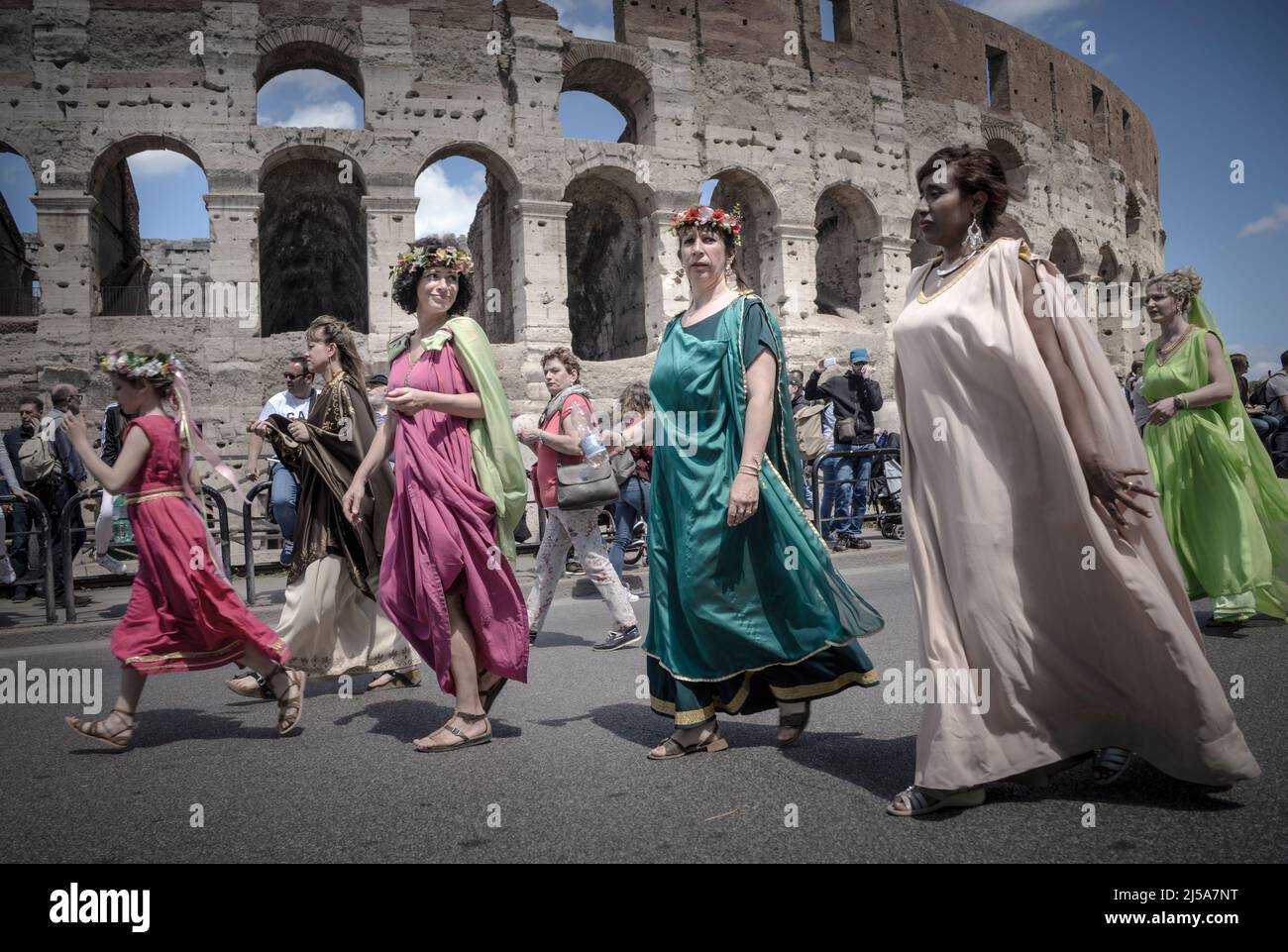 Roman ladies portrait in a historical reenactment in april. People performing a Roman legion, at the Imperial Forums, Colosseum, Circus Maximus Stock Photo