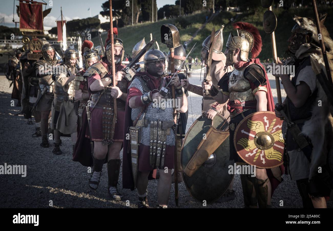 Rome's birthday celebrate by hystorical procession the anniversary of the founding of Rome in 753 BC April 21 Imperial Forums Colosseum Circus Maximus Stock Photo