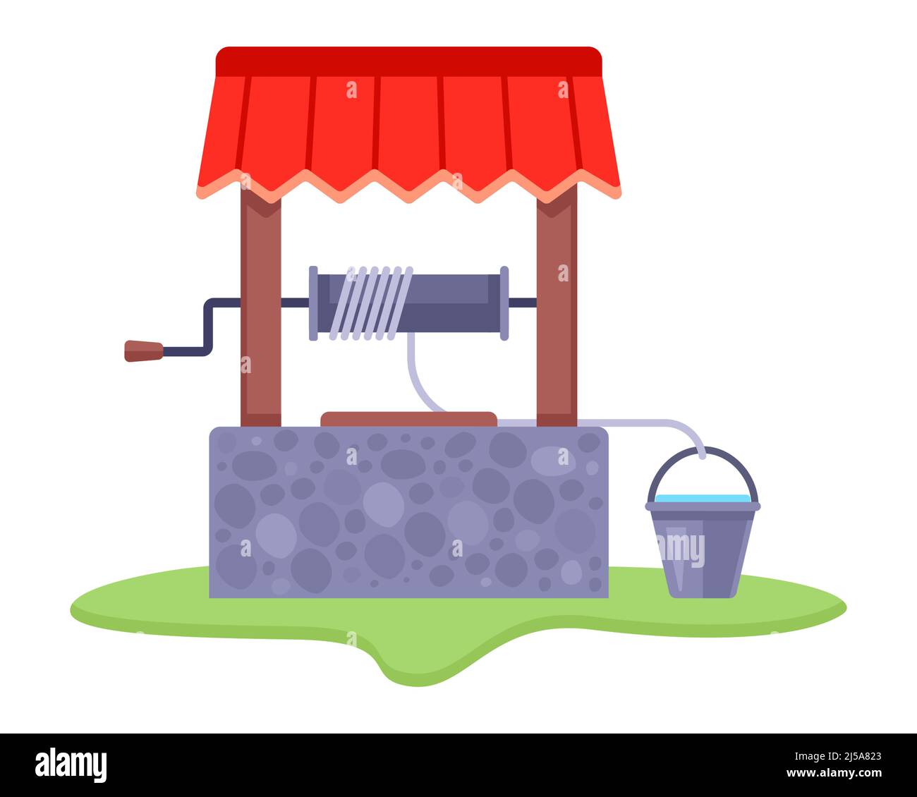 old stone well with a bucket of clean water. source of drinking water in the village. flat vector illustration. Stock Vector