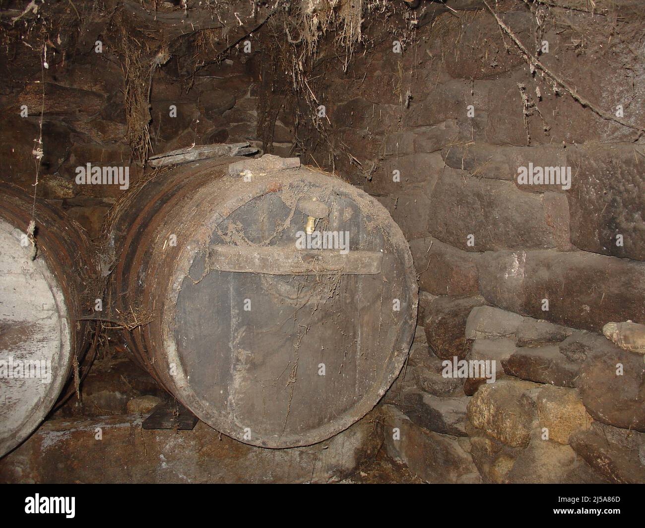 Old wine barrels founded on a old wine cave. History of wine production, wine local production, old timers, hand-made wine barrels. Stock Photo