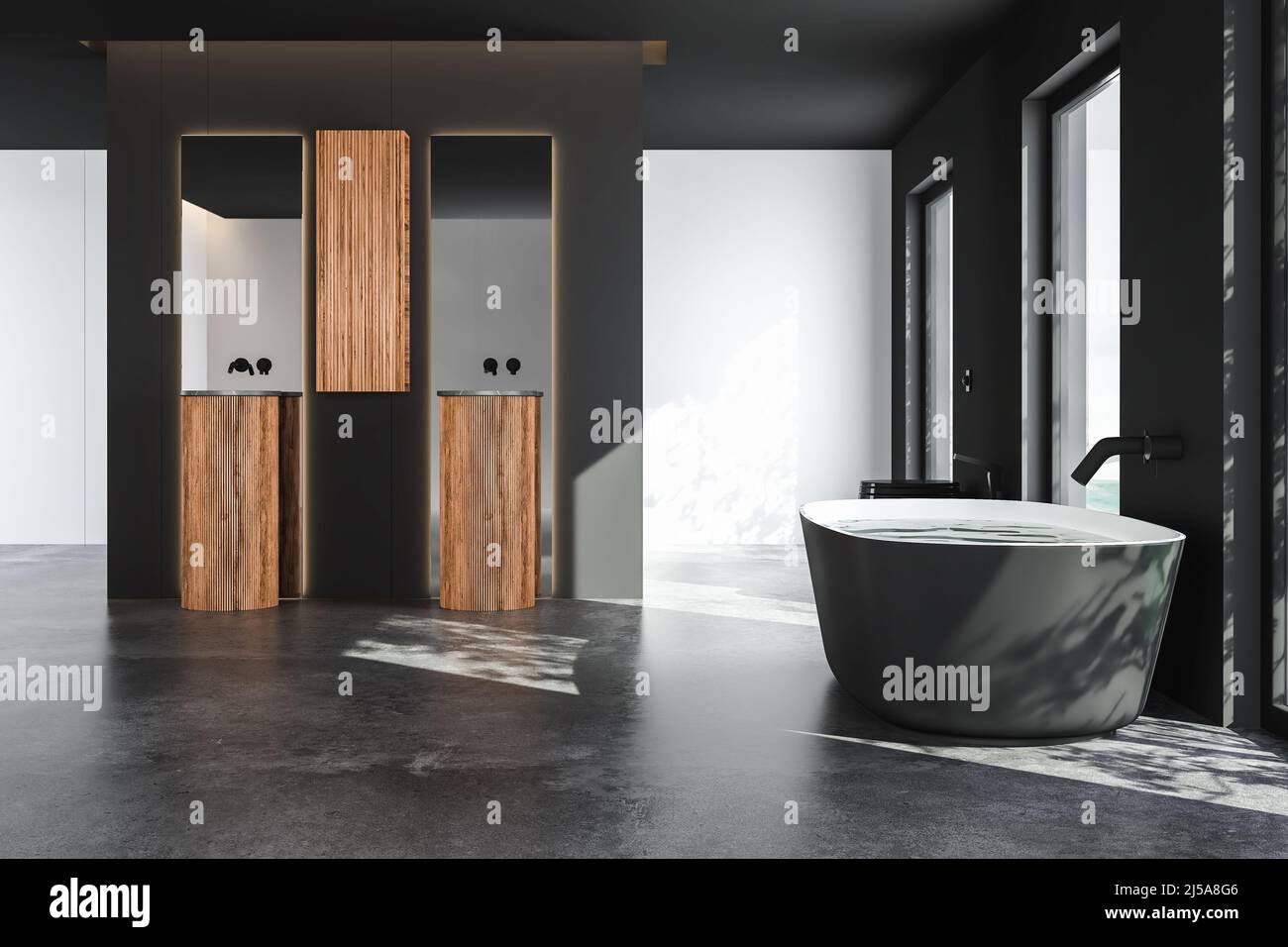 Dark grey bathroom with black bathtub and two sinks with square mirrors