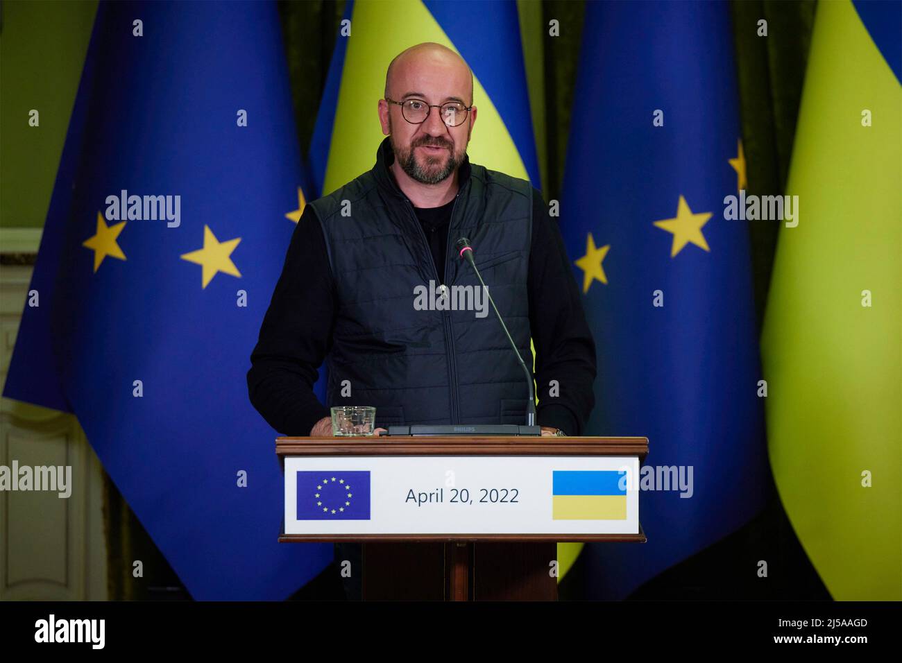 Kyiv, Ukraine. 20th Apr, 2022. European Council President Charles Michel, during a joint press conference with Ukrainian President Volodymyr Zelenskyy, following bilateral talks, April 20, 2022 in Kyiv, Ukraine. Credit: Ukraine Presidency/Ukraine Presidency/Alamy Live News Stock Photo