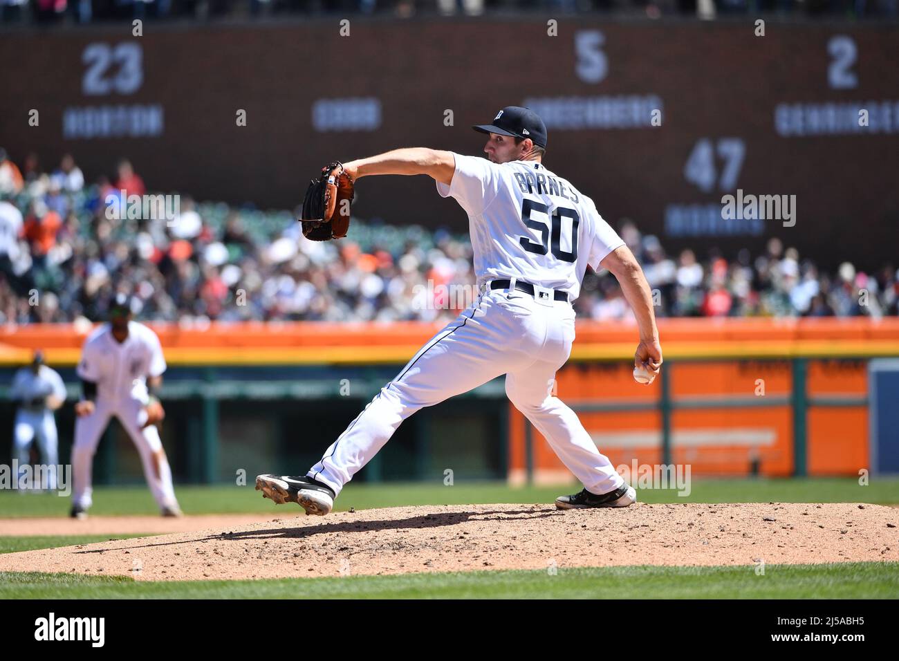Detroit, USA. 21st Apr, 2022. DETROIT, MI - APRIL 21: Detroit Tigers RP  Jacob Barnes (50) pitches in middle relief during the game between New York  Yankees and Detroit Tigers on April