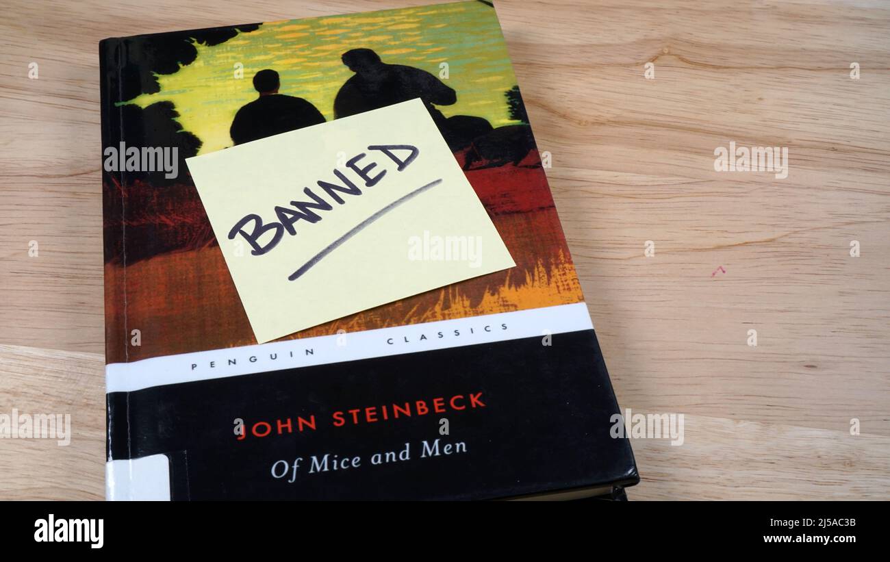 A copy of John Steinbeck's Of Mice and Men, a book found on some schools' banned book lists. Stock Photo
