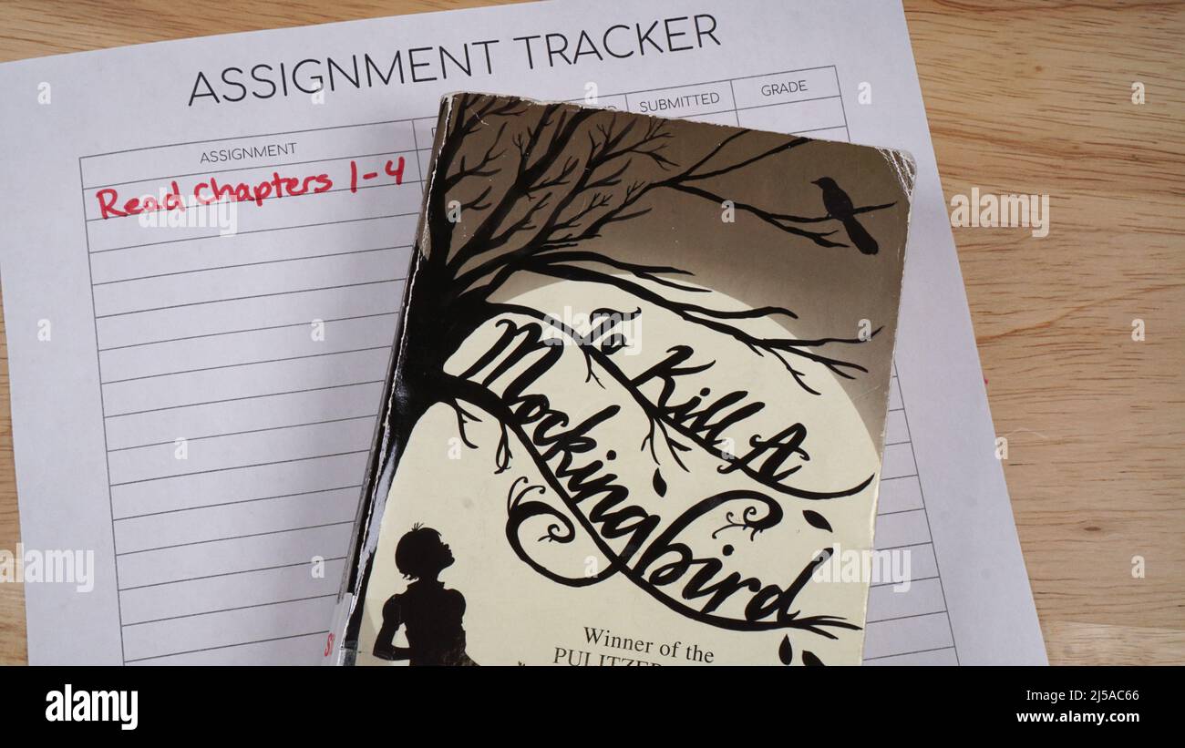 Assigned homework to read To Kill a Mockingbird by Harper Lee. The novel is on many schools' banned book lists in the US. Stock Photo