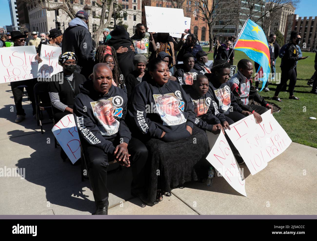 Peter and Dorcas Lyoya, parents of Patrick Lyoya, an unarmed Black man who was shot and killed by a Grand Rapids Police officer during a traffic stop on April 4th, attend a #Justice4Patrick rally in Lansing, Michigan, U.S., April 21, 2022.  REUTERS/Rebecca Cook Stock Photo