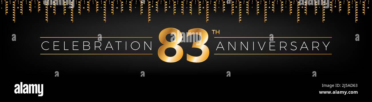 83th anniversary. Eighty-three years birthday celebration horizontal banner with bright golden color. Stock Vector