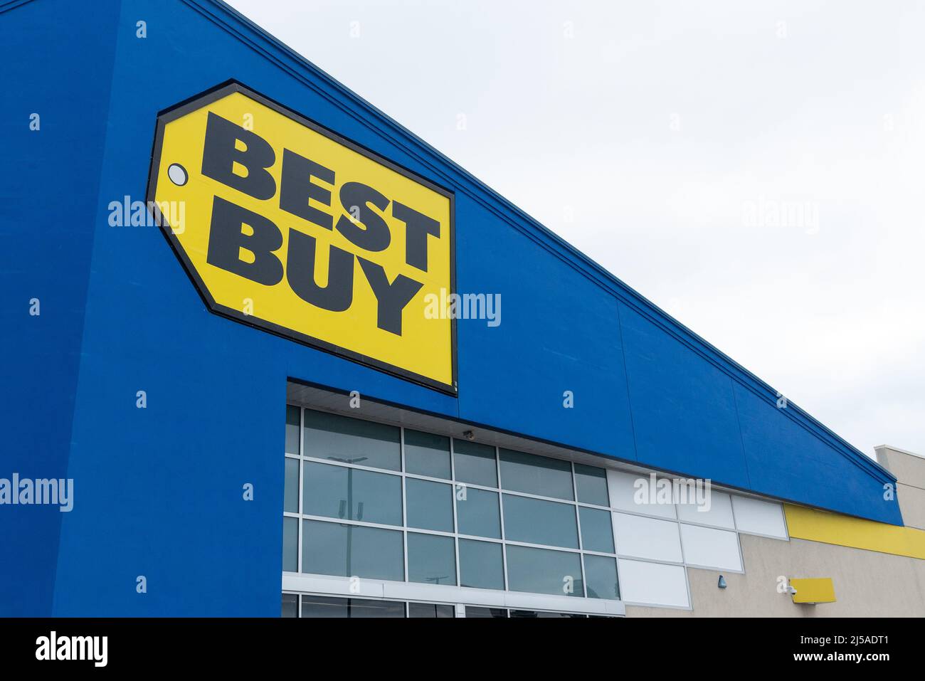 Toronto, ON, Canada – January 2, 2022: View at Best Buy store sign in Toronto. Best Buy is an American multinational consumer electronics corporation Stock Photo