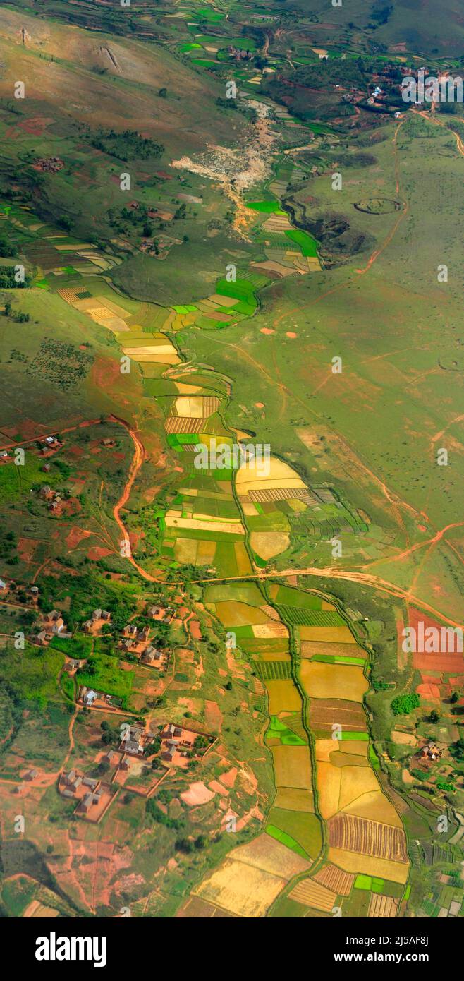 Aerial view of rural Madagascar. Paddy fields as seen from above. Stock Photo