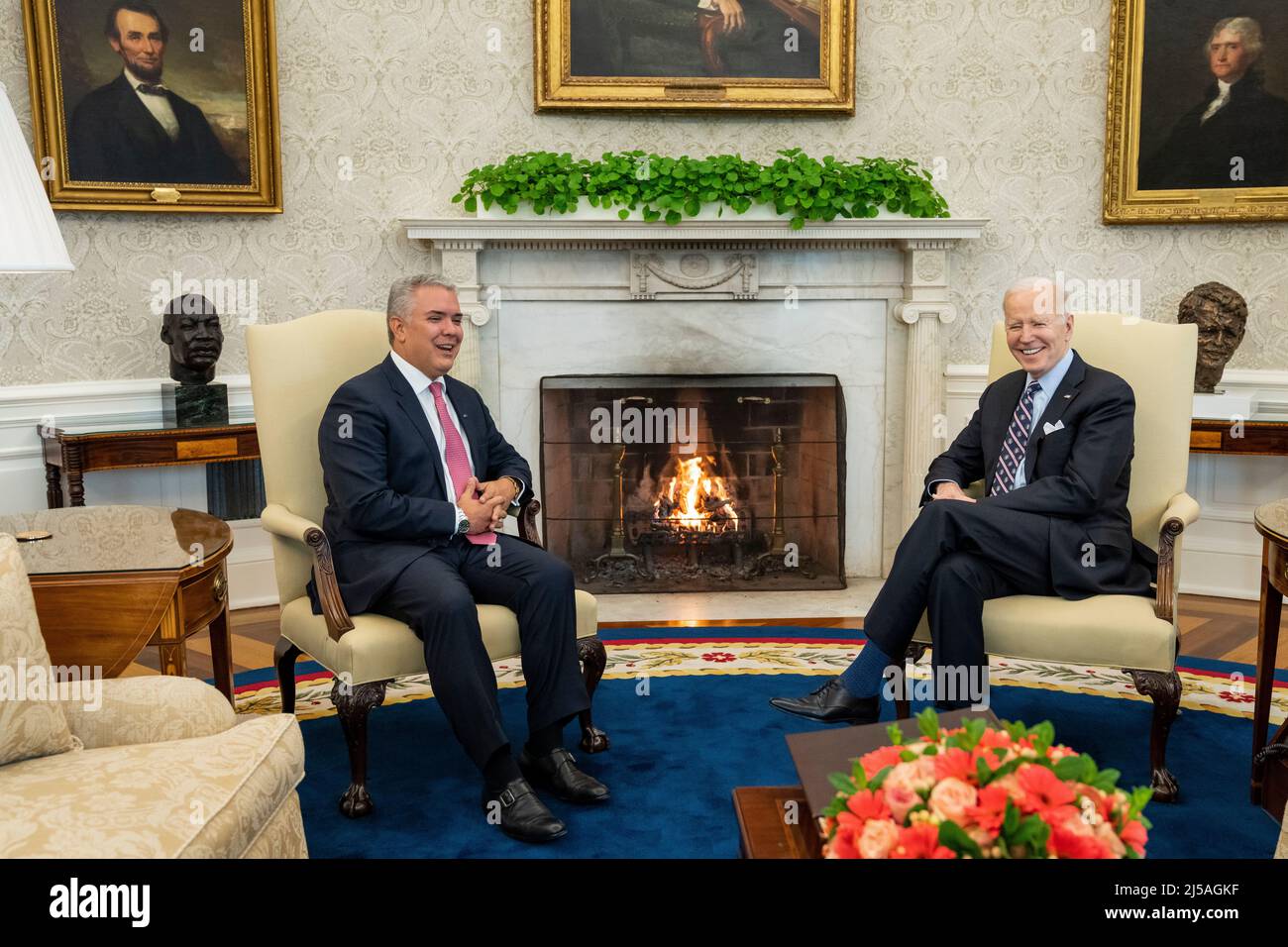 Washington, United States of America. 10 March, 2022. U.S President Joe Biden meets with meets with Colombian President Ivan Duque, left, in the Oval Office of the White House March 10, 2022 in Washington, D.C.  Credit: Adam Schultz/White House Photo/Alamy Live News Stock Photo