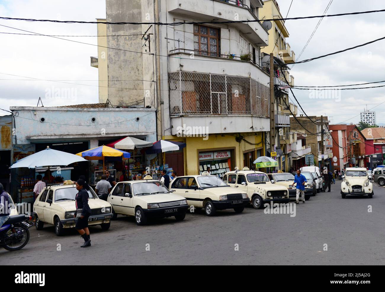 Malagasy taxis in central Antananarivo, Madagascar. Stock Photo