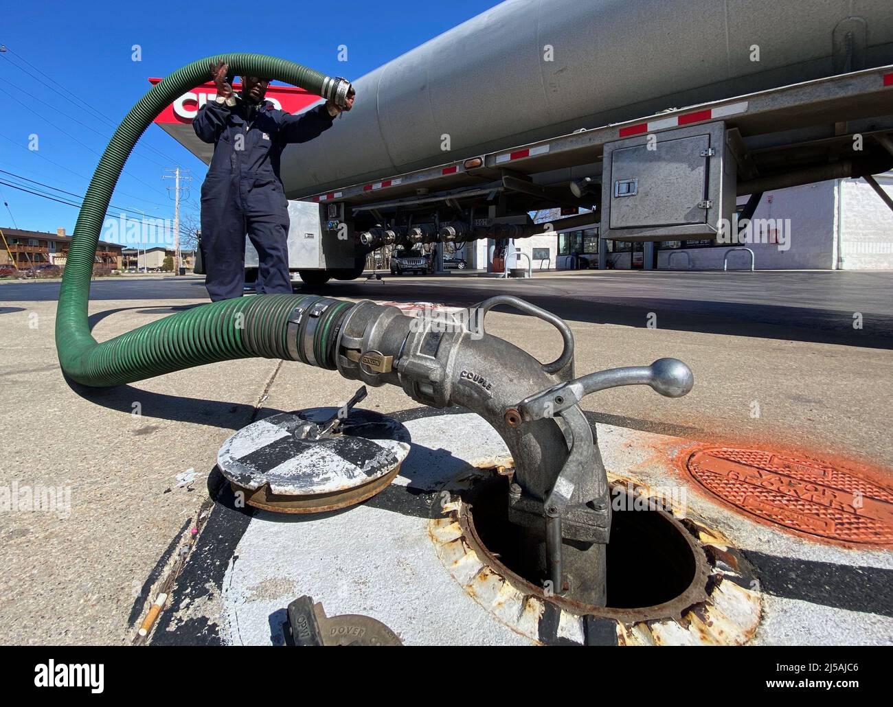 Racine, Wisconsin, USA. 21st Apr, 2022. ANDREW COLLIER delivers gas to a Citgo gas station and convenient mart in Racine, Wisconsin Thursday April 21 2022.The price for regular was $3.89 per gallon. While prices were briefly $4.07 in the area, they had leveled off for a time at $3.99. (Credit Image: © Mark Hertzberg/ZUMA Press Wire) Stock Photo