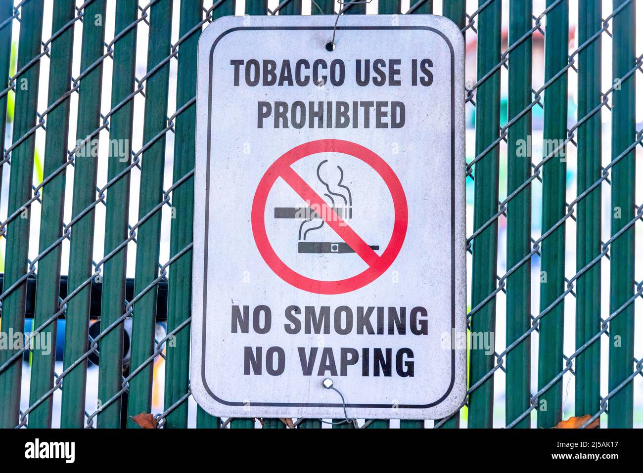 Tobacco use is prohibited no smoking no vaping sign at San Francisco, California. Closeup of a