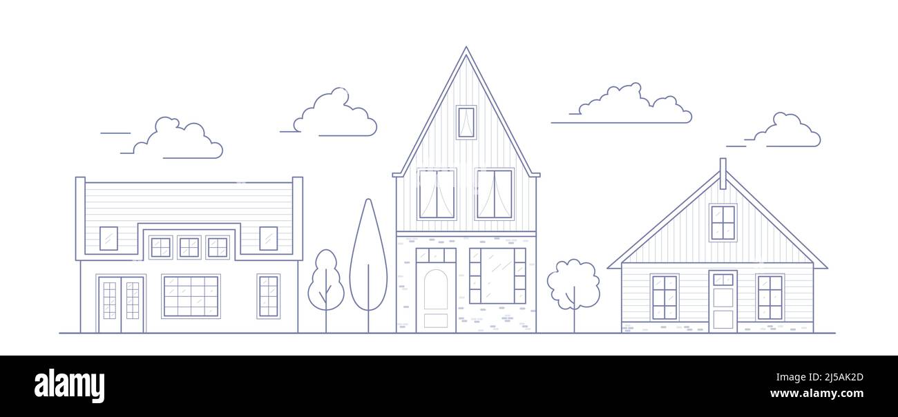 Europe neighborhood houses. Holland suburban with cozy homes. Facades of old traditionsl buildings in Netherlands. Outline vector illustration. Stock Vector