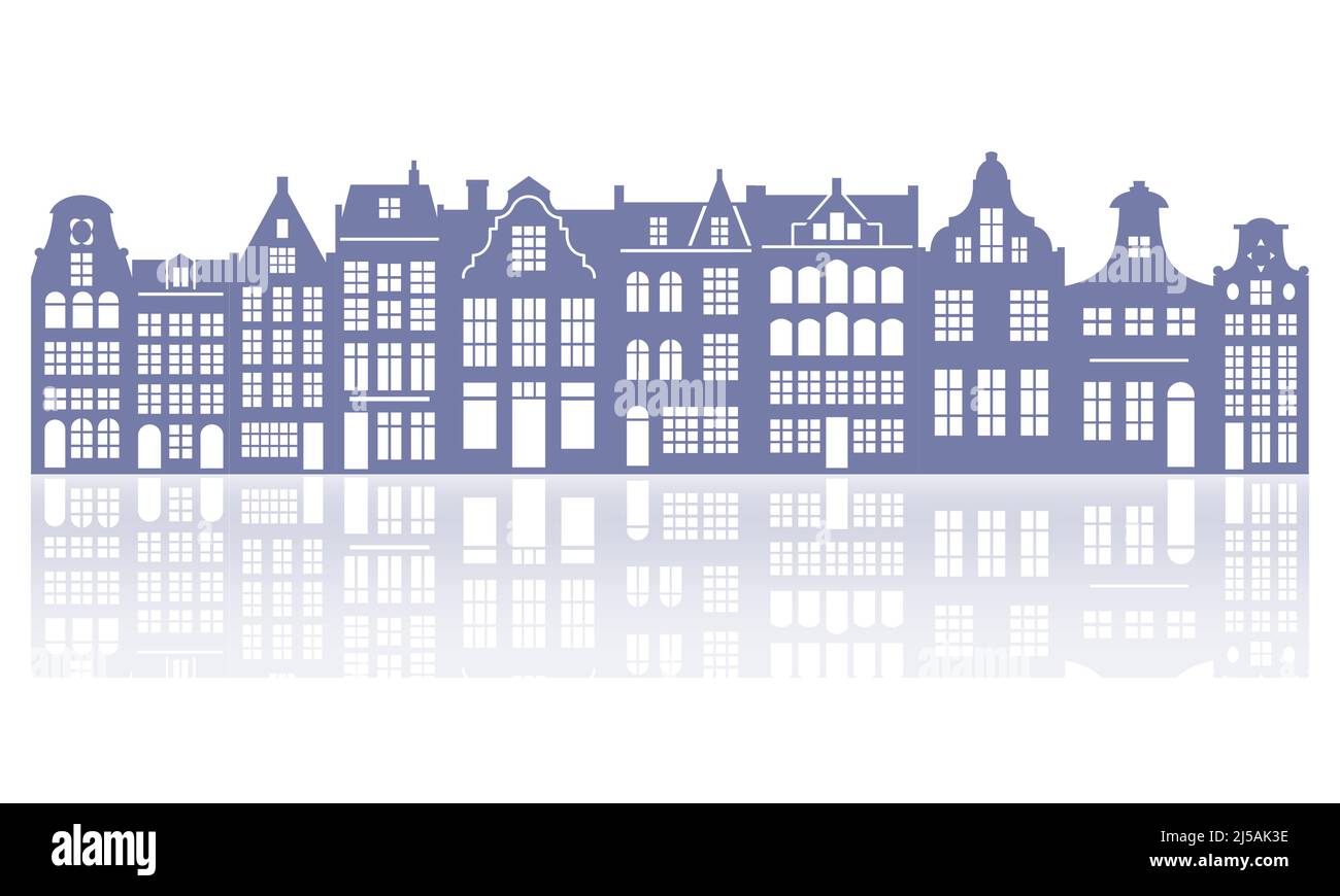 Silhouette of a row Amsterdam houses. Facades of European old buildings decoration. Holland homes with reflection. Vector Stock Vector