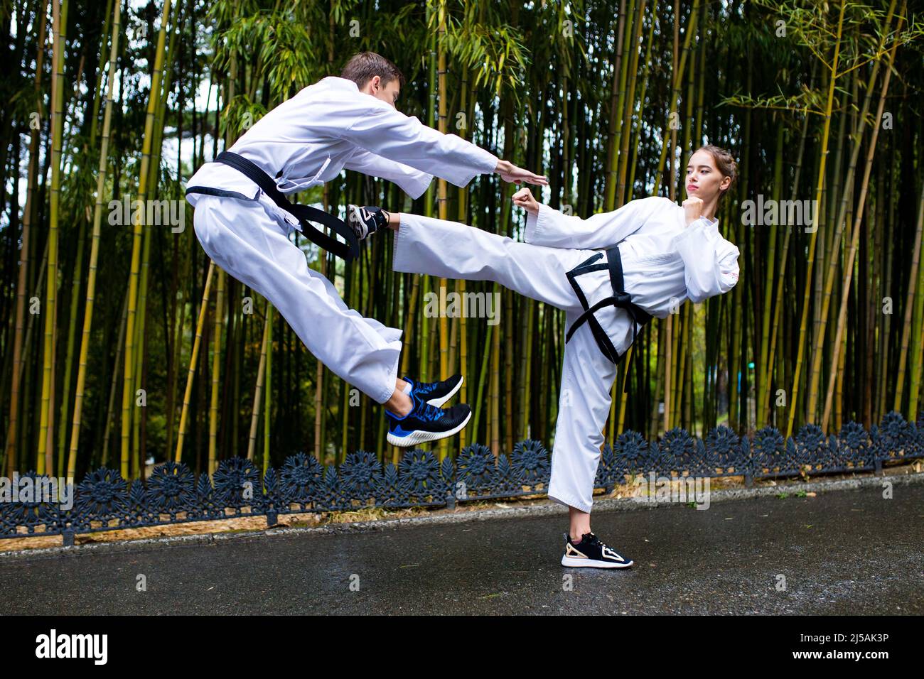 people high kicks during training of taekwondo outdoors bamboo