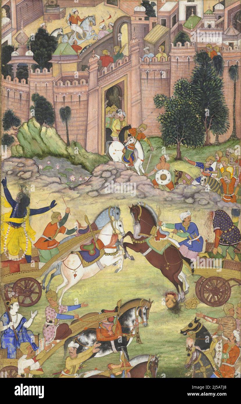 India: 'Krishna Kills Shrigala'. Gouache on paper painting, c. 1585-1595. In this scene, Krishna decapitates King Shrigala in a chariot fight.  Krishna, or Krisna, is a major god in Hinduism who is traditionally credited with the authorship of the Hindu classic 'Bhagavad Gita', a tale of duty and morality set around Krishna's defeat of his cousin Arjuna in the Kurukshetra War. Krishna also appears in various events in the Hindu epic 'Mahabharata'. He is usually depicted as blue skinned, and is often portrayed as a mischievous young boy playing a flute. Stock Photo