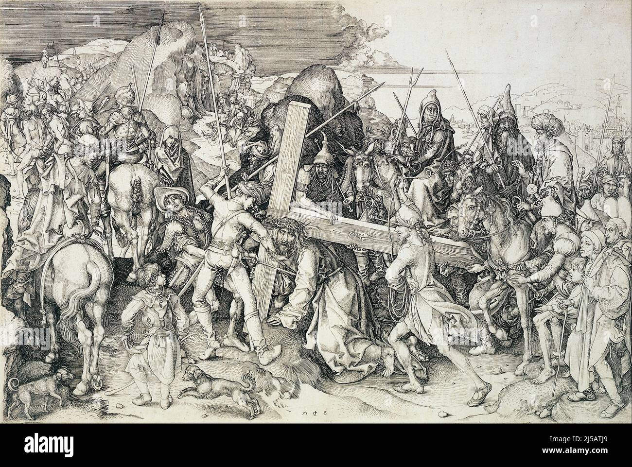 Germany: 'Christ Bearing His Cross'. Ink engraving by Martin Schongauer (c. 1450 - 2 February 1491), c. 1470-1480.  Faltering under the weight of the cross, Jesus Christ falls on the road to Golgotha where he is to be crucified. A Roman guard drags him while another whips him. The Virgin Mary is being comforted behind the chaotic crowd. Two naked prisoners who will face crucifixion alongside Christ walk ahead, their hands tied behind their backs. In the background stands Jerusalem. Stock Photo