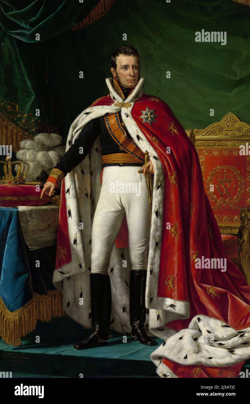Netherlands: William I (24 August 1772 - 12 December 1843), King of the Netherlands (r. 1815-1840). Oil on canvas painting by Joseph Paelinck (1781-1839), 1819.  King William I (r. 1815-40) is pictured here in the ceremonial dress of a general in the Dutch army. Over it he is wearing an ermine lined and trimmed cloak on which is the emblem of the Military Order of William, established by him in 1815. Stock Photo