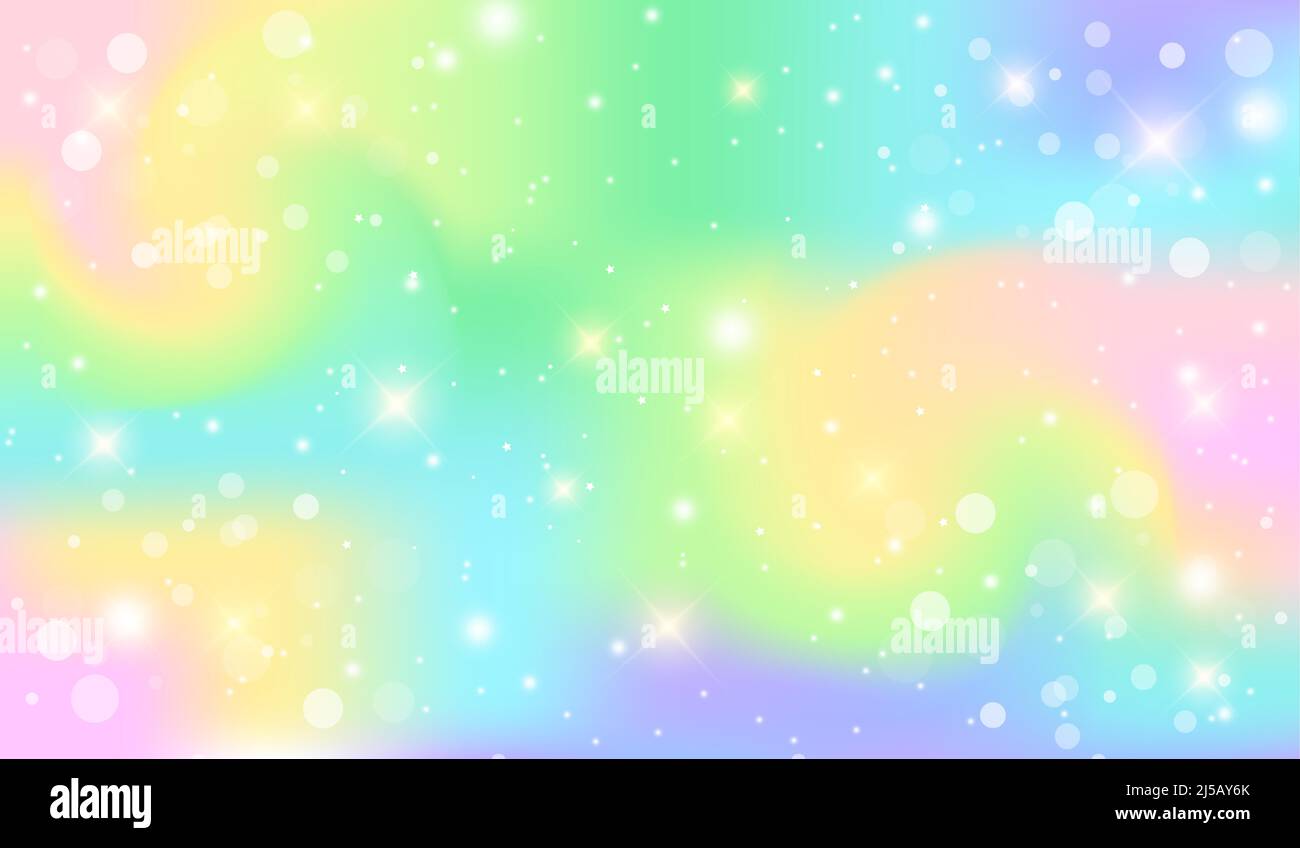 Holographic fantasy rainbow background. Abstract unicorn sky with stars. Magical landscape, abstract magic pattern. Vector Stock Vector