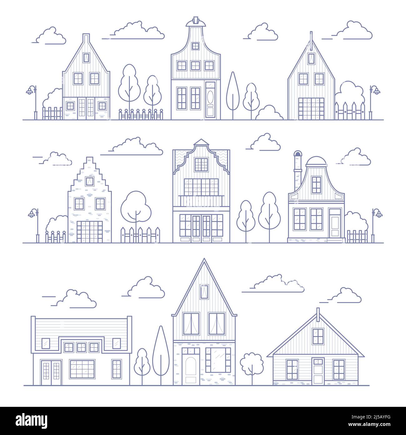 Europe neighborhood houses. Holland suburban with cozy homes. Facades of old traditionsl buildings in Netherlands. landscape outline vector Stock Vector
