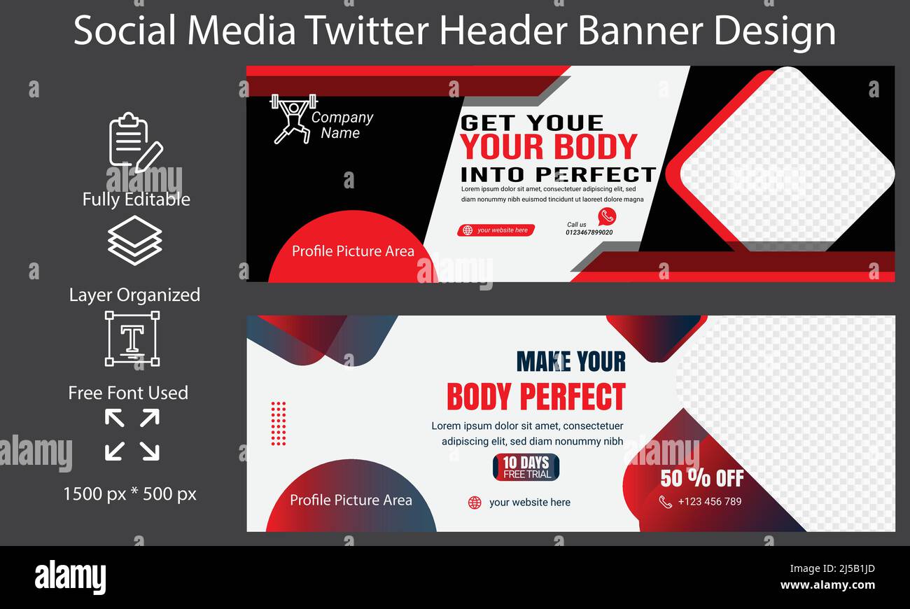 Gym and fitness social Media Twitter Banner or cover photo Stock Vector