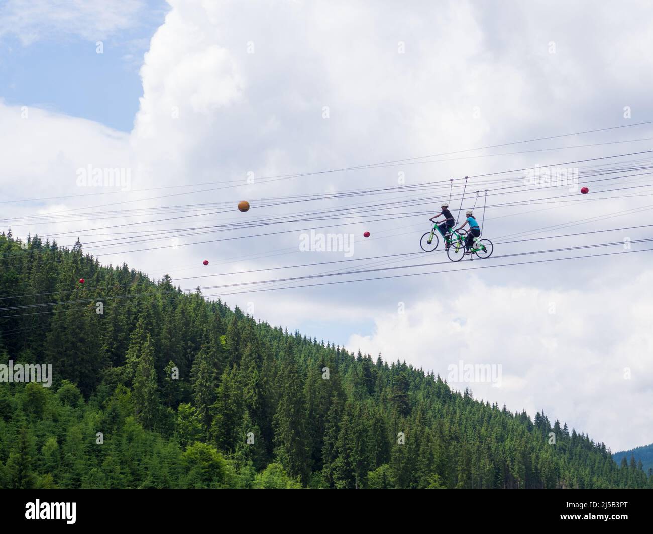 Zip bike on the ski resort Bukovel Stock Photo