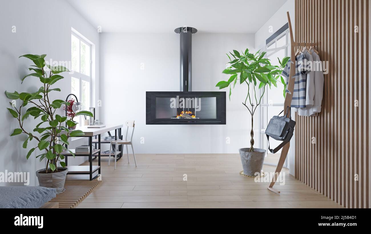 modern fireplace interior . 3d rendering design Stock Photo - Alamy