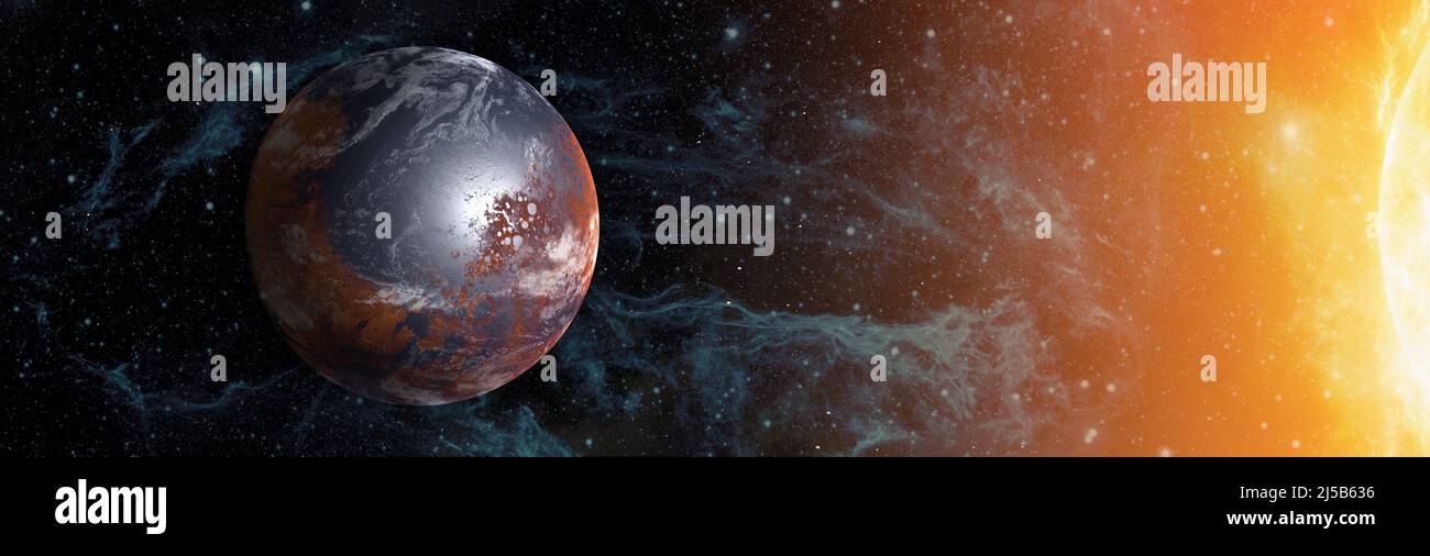 Alien Earth-like planet in space. Elements of this image furnished by NASA. Stock Photo