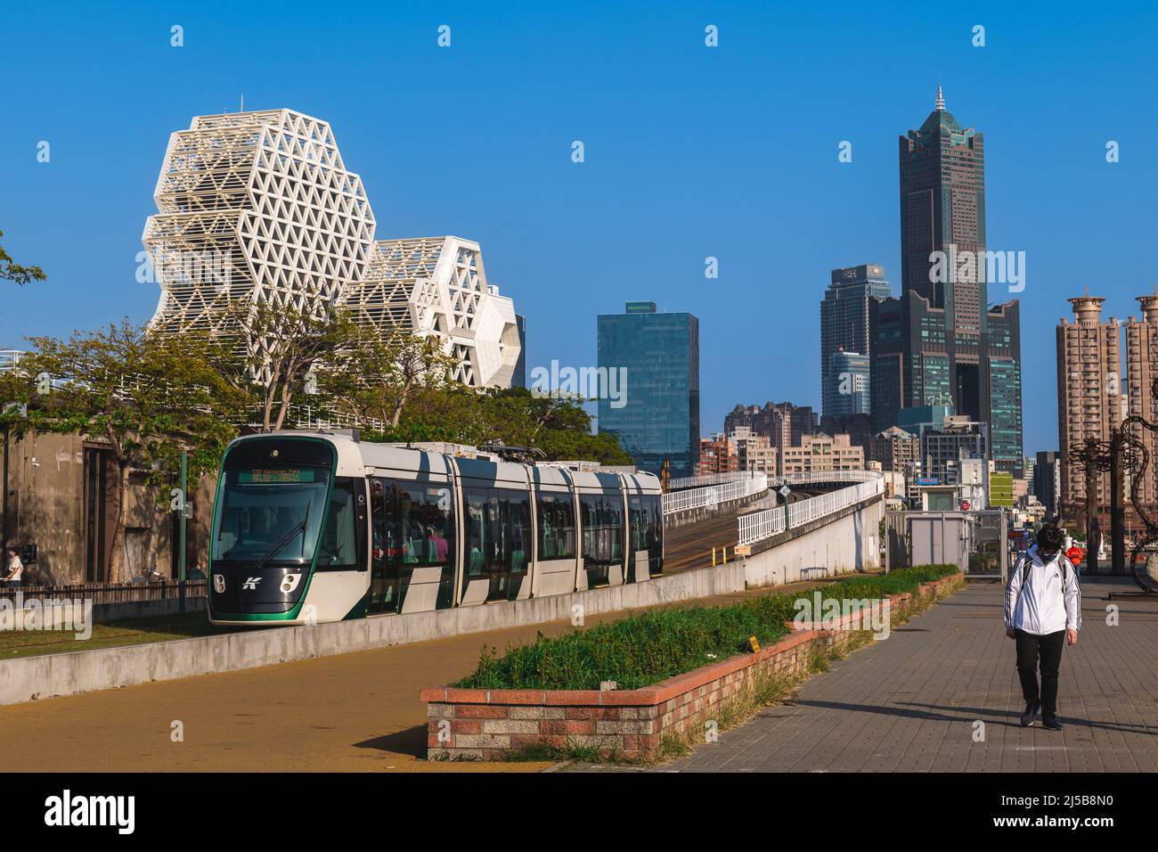 March 9, 2022: Dayi Pier 2 Station of Kaohsiung circular light rail system at Kaohsiung, taiwan. The greenery around the stations and rail areas allow Stock Photo