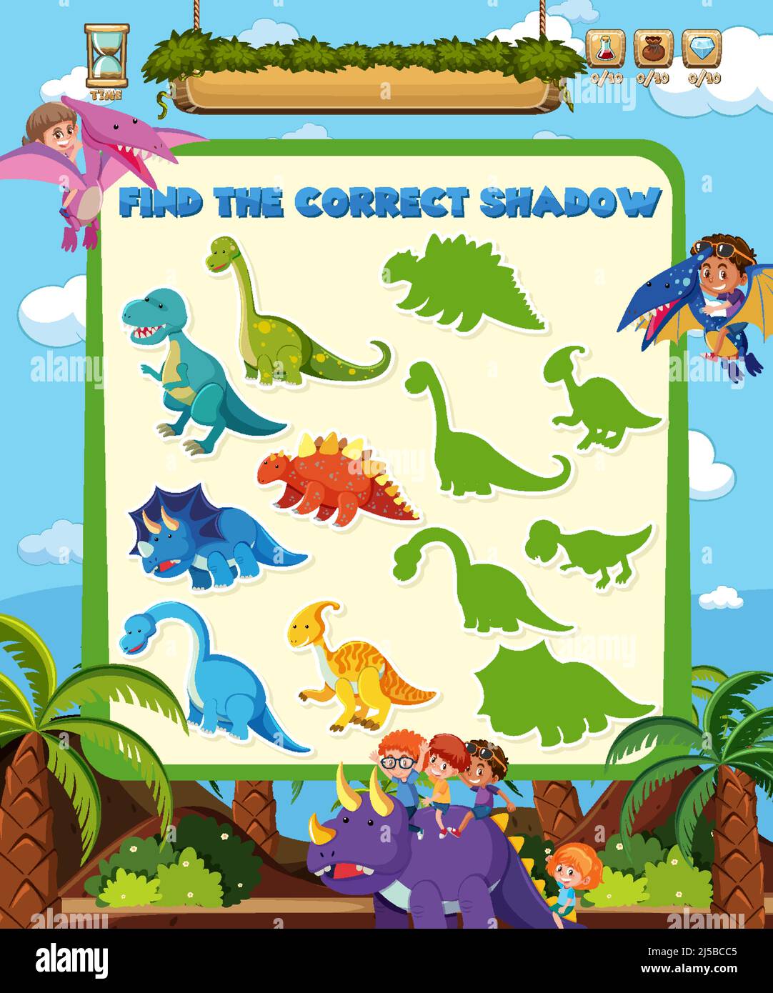 Find the correct shadow game template of dinosaur illustration Stock ...