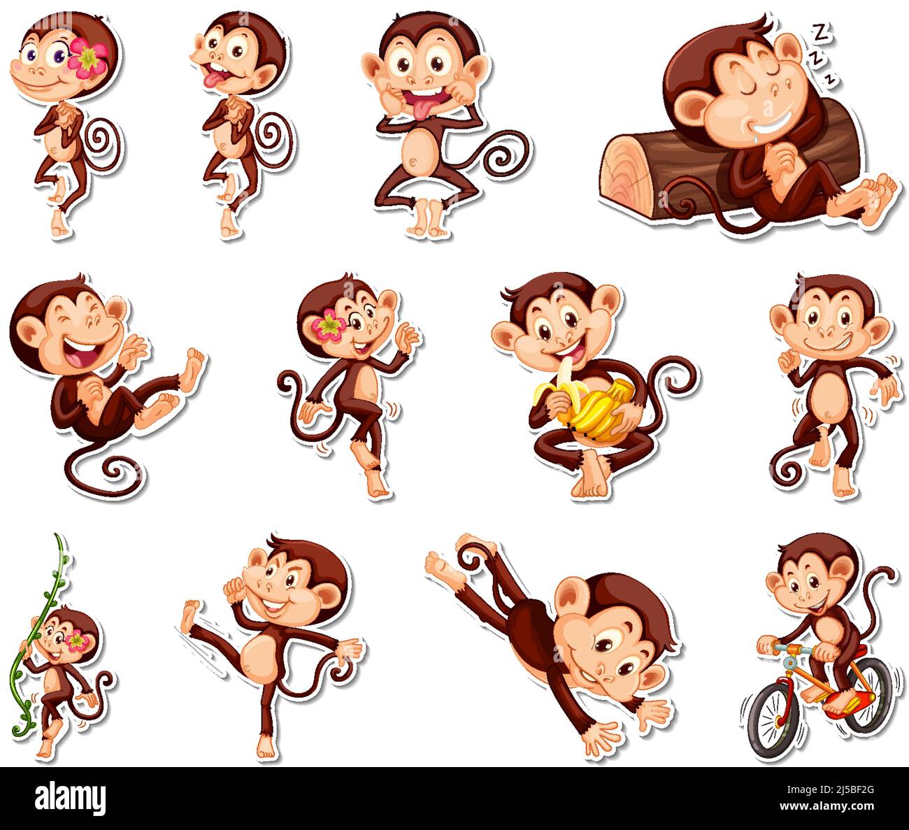 Sticker set of funny monkey cartoon characters illustration Stock ...