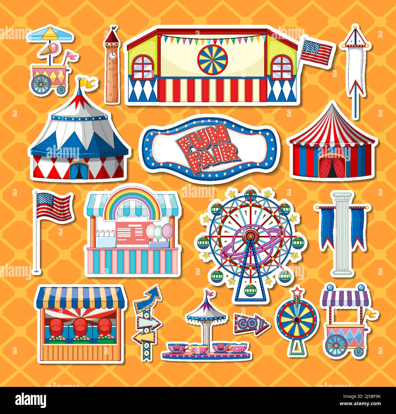 Sticker set of amusement park objects and cartoon characters ...