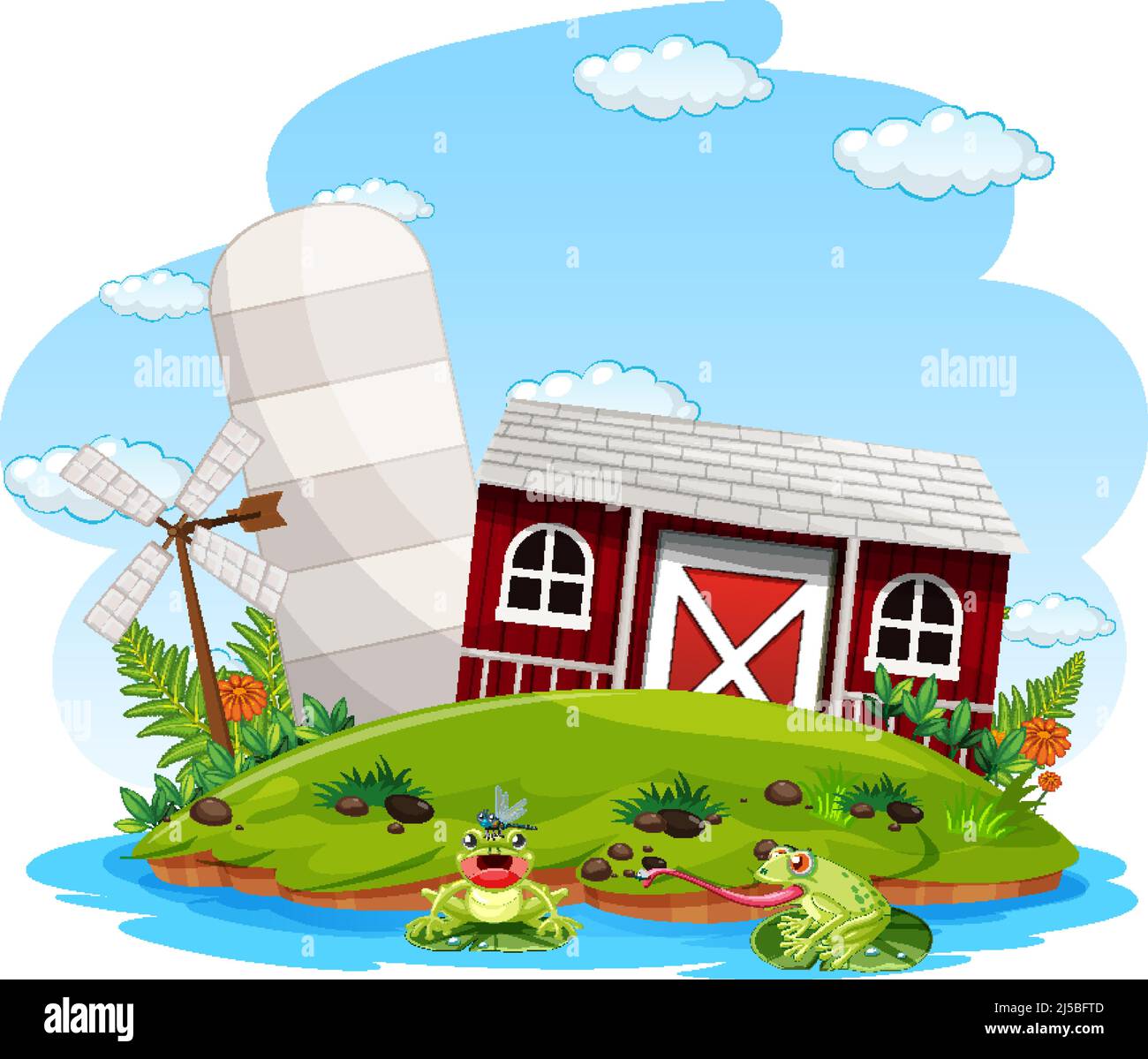 Farm scene with red barn and windmill illustration Stock Vector Image ...