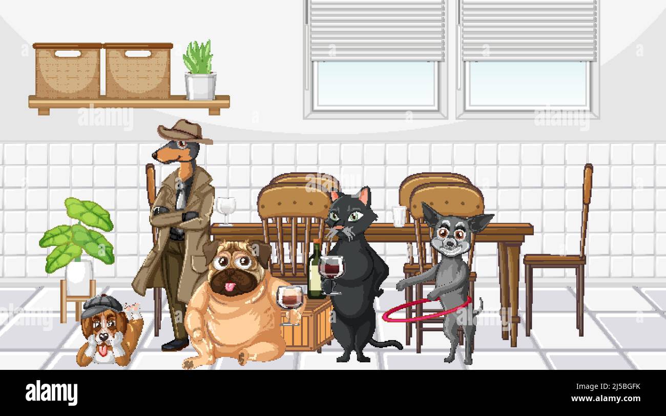 Set of different domestic animals in kitchen illustration Stock Vector ...